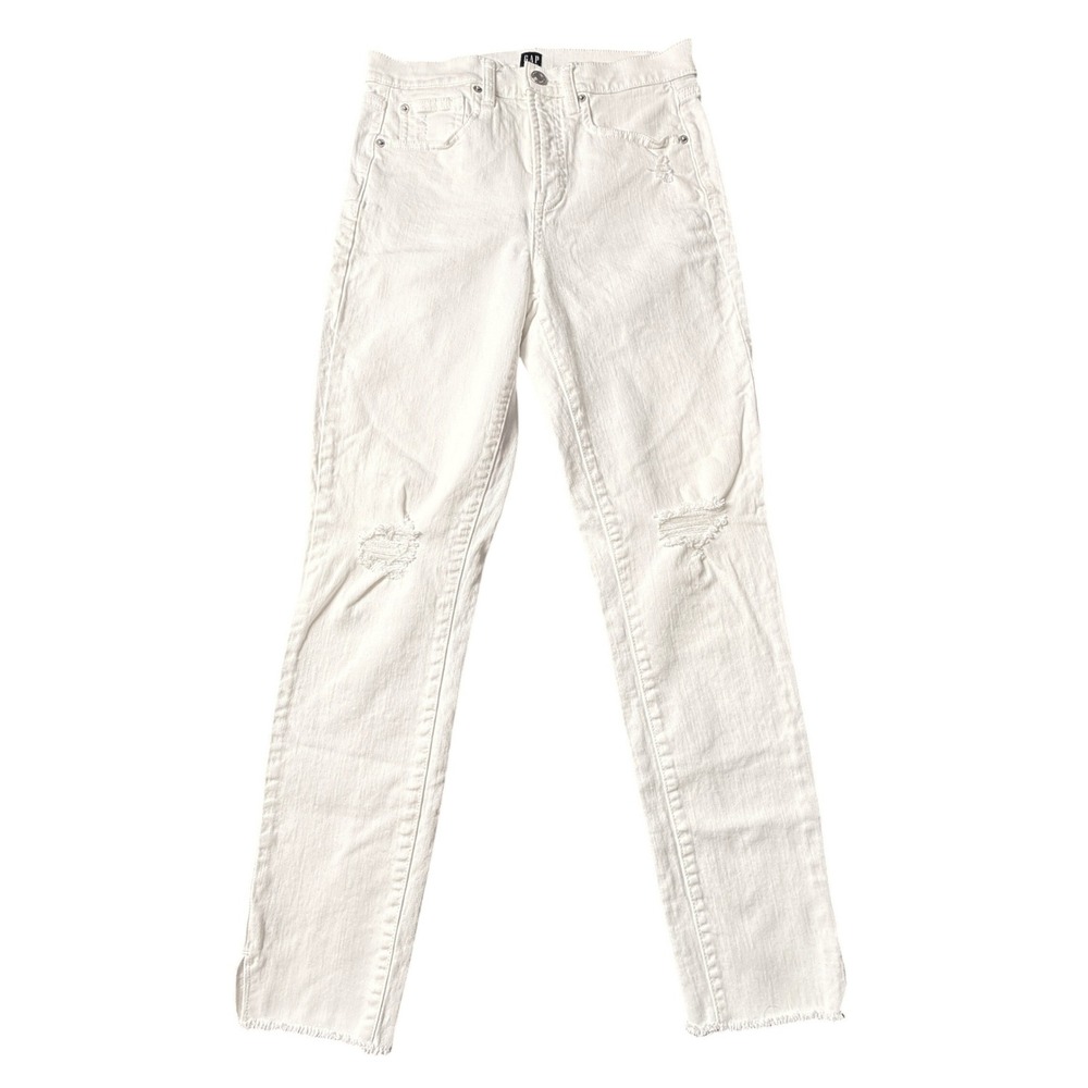 GAP Women White Jeans S Creamy White Distressed True Skinny Denim Ankle Slit Raw